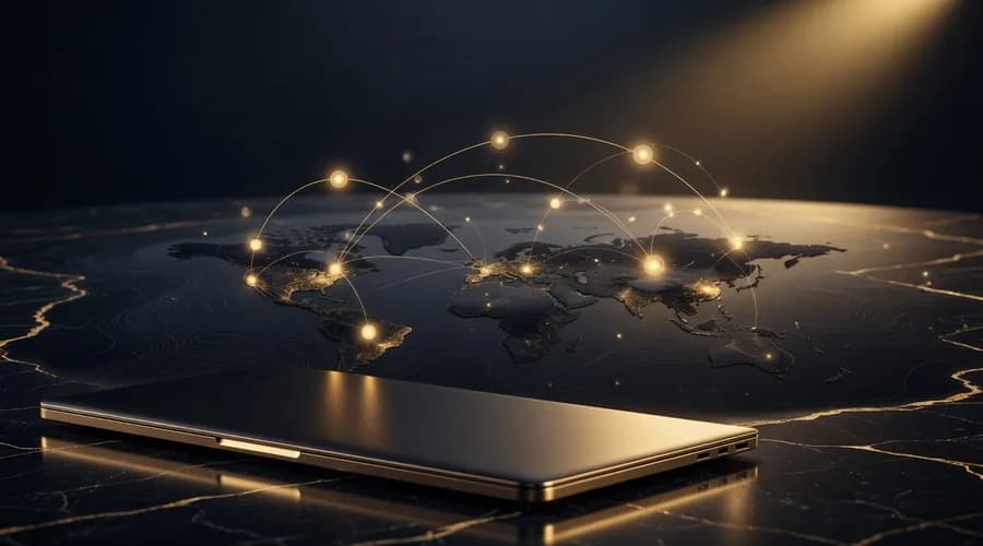 Globalna sieć partnerów na ciemnym marmurze ze złotym oświetleniem studia