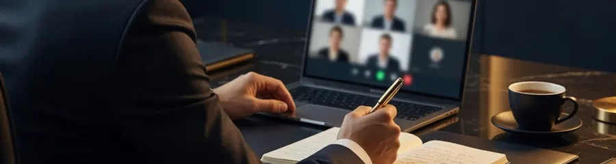 Partner sprzedażowy B2B na wideorozmowie w ciemnym studiu ze złotym oświetleniem