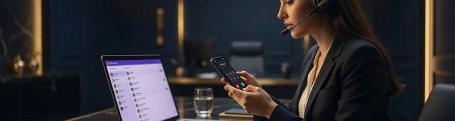 Przedstawiciel ds. rozwoju sprzedaży przy laptopie i telefonie — outbound w ciemnym studiu