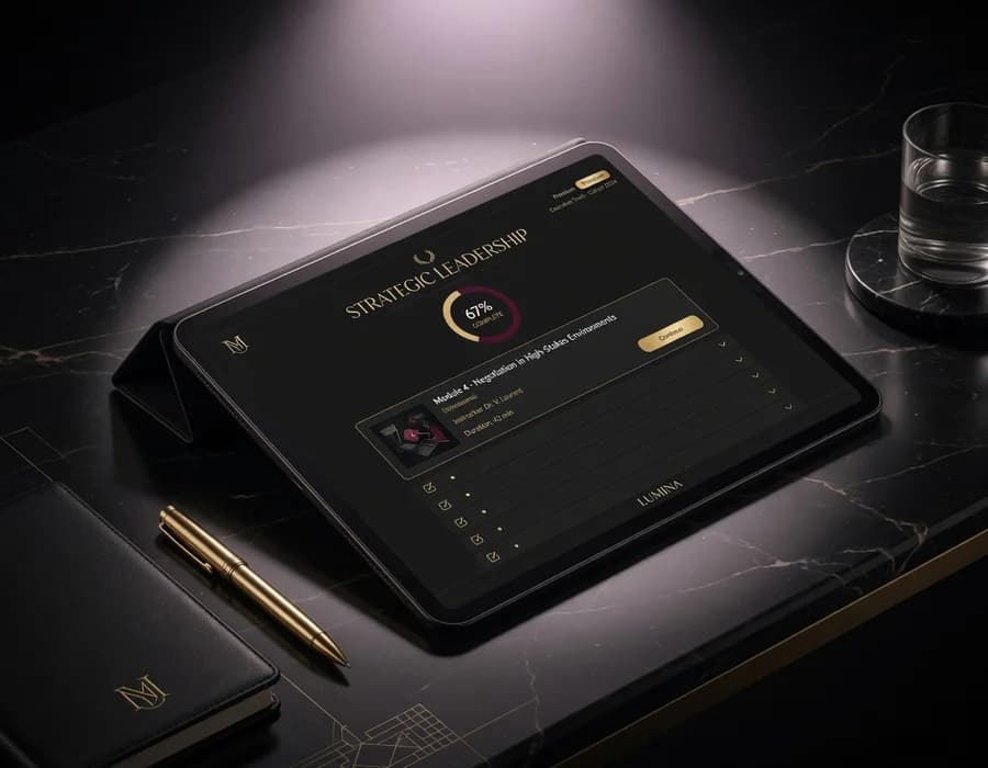 Tablet mit Trainingsplattform — Premium-Schreibtisch im Studio