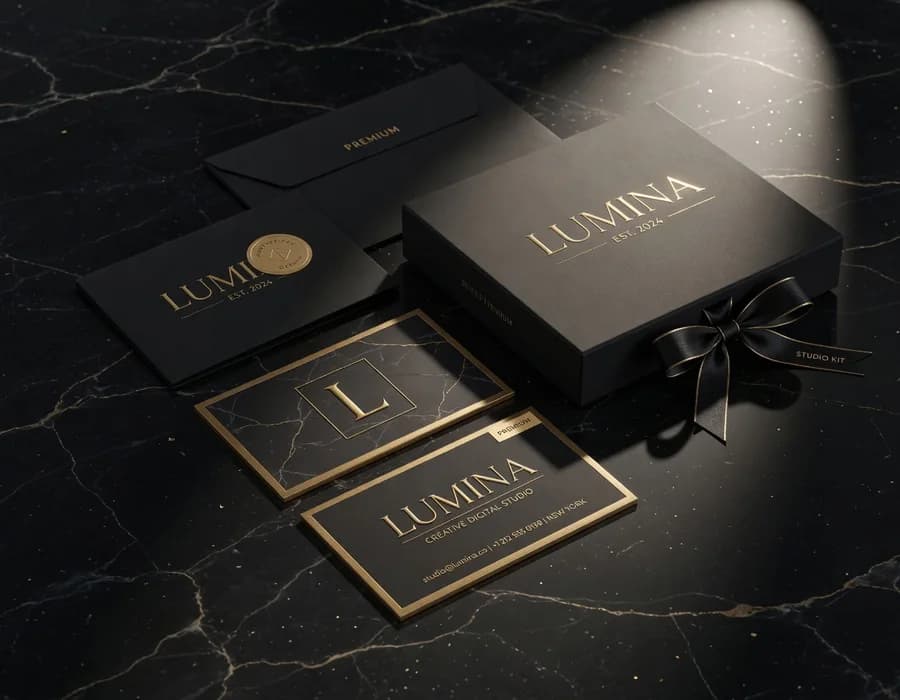 Markenmaterialien auf schwarzem Marmor — goldene Premium-Details