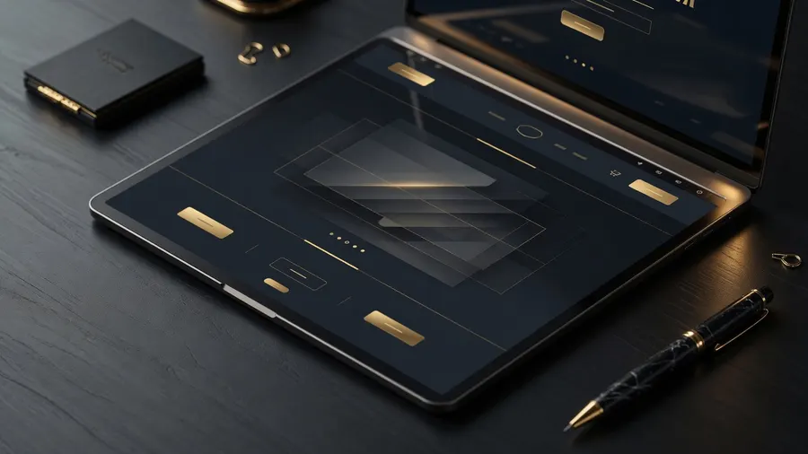 Abstract isometric SaaS platform modules with gold edge lighting on a dark surface