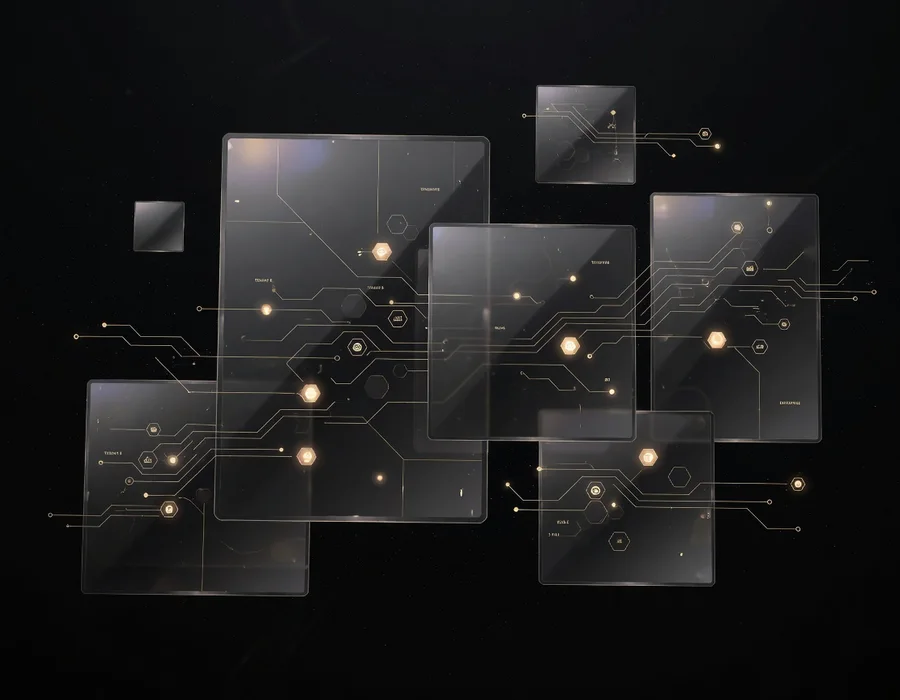 Abstrakte Plattform-Visualisierung — Panels der Systemarchitektur