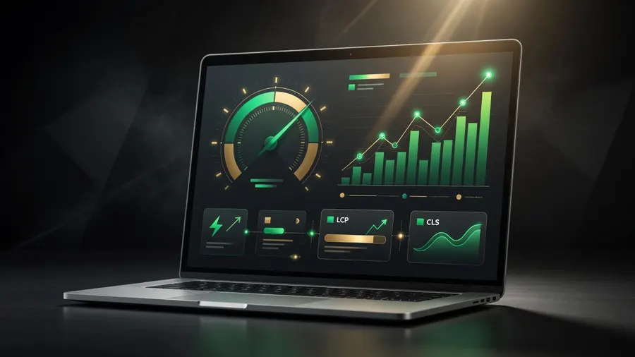 Laptop showing web performance and SEO metrics dashboard with gold highlights