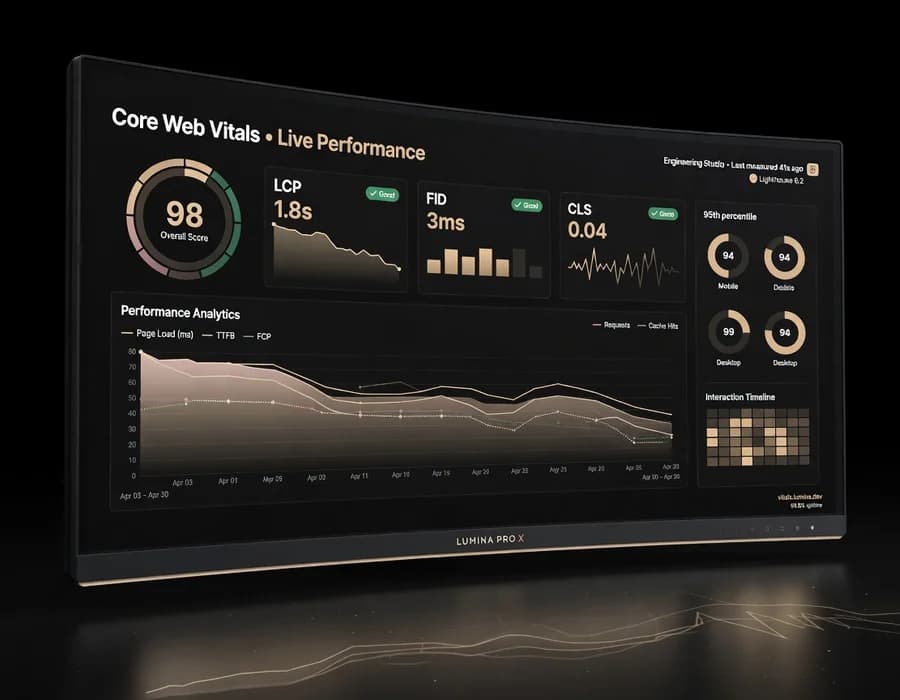 Performance-Diagramme und Core Web Vitals auf dunklem UI