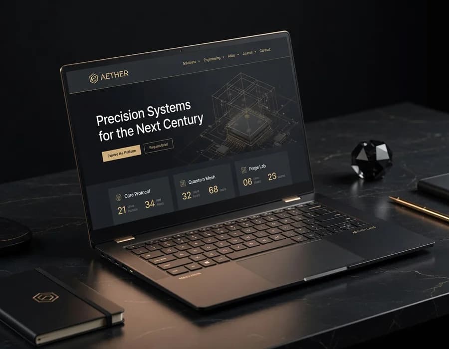 Premium-Website auf dem Laptop — dunkles UI mit goldenen Studio-Akzenten