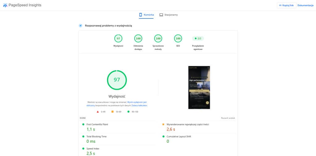 Google PageSpeed Insights mobile results for codeprosite.com
